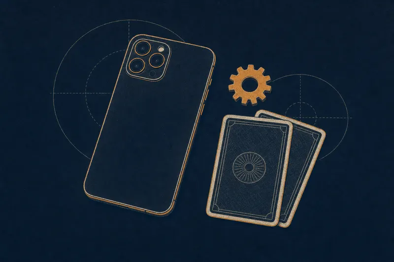 Two-colour print of a smartphone lying face-down beside a gear shape and two playing cards