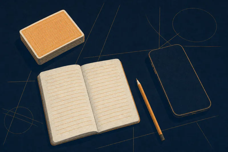 Two-colour print of a deck of cards, a blank notebook, a pencil and a face-down phone on a desk