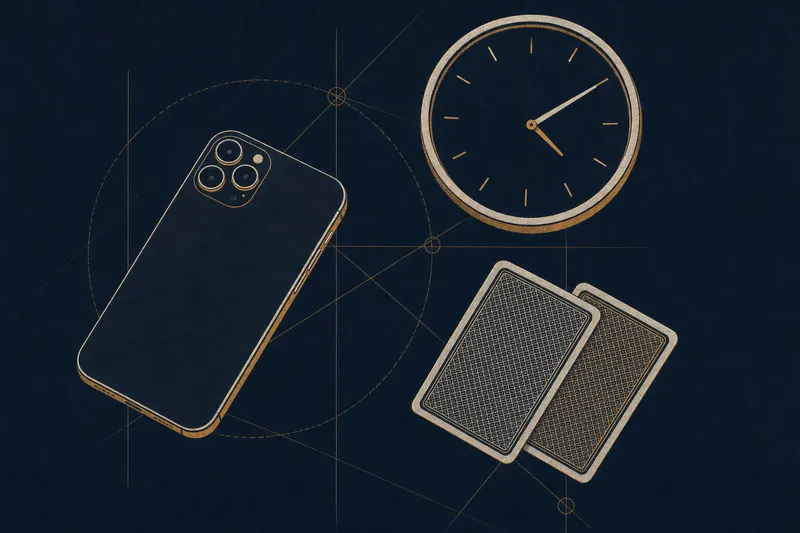 Two-colour print of a face-down phone, two face-down playing cards and a clock face, linked by thin construction lines