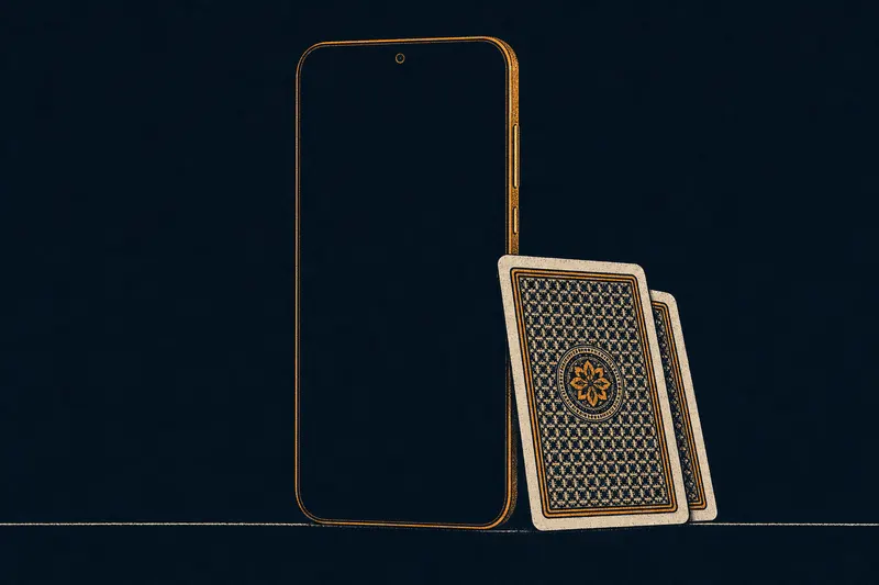 Two-colour print of a smartphone standing upright with a dark screen and two playing cards leaning against it