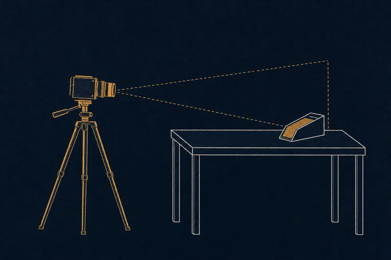 Two-colour print of a studio camera on a tripod aimed at a table with a card shoe