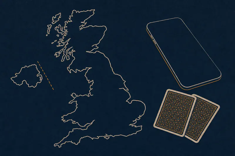 Two-colour print of an outline map of Great Britain and Northern Ireland beside a face-down phone and two playing cards