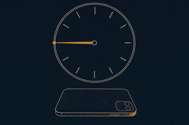 Two-colour print of a clock face with an amber marker at the 45-minute mark above a face-down phone