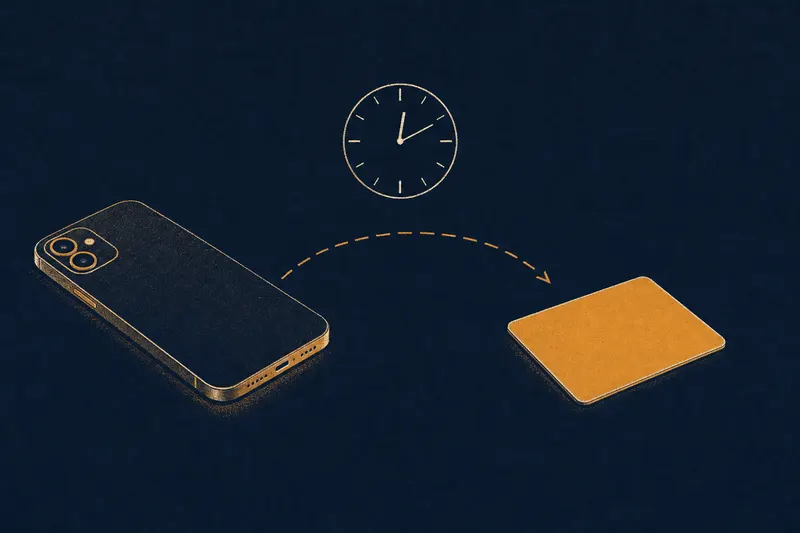 Two-colour print of a dashed arrow leading from a face-down phone to a plain payment card, with a clock above